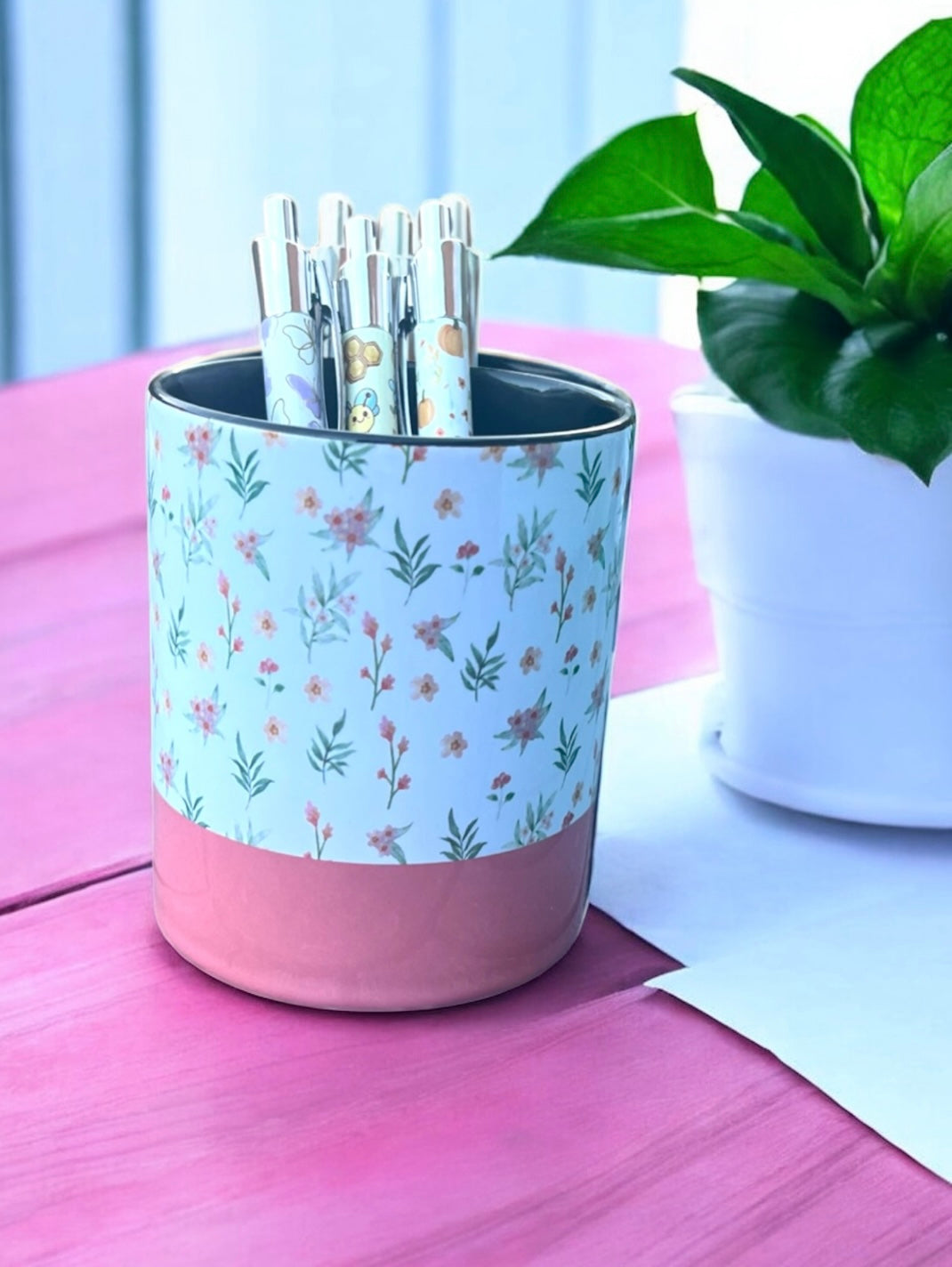 Pink Floral Pen Pot