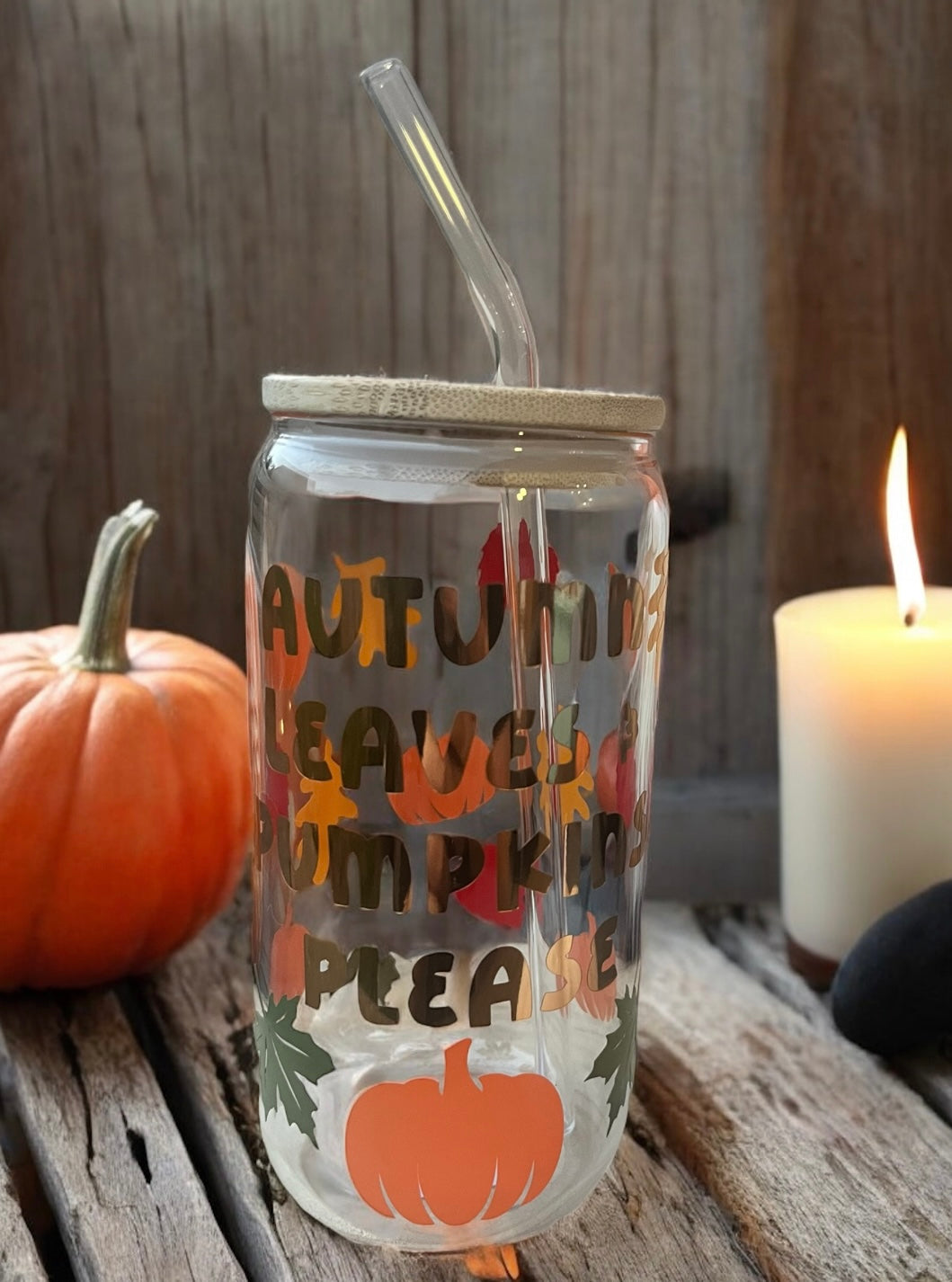 Autumn Leaves Pumpkins Please Glass Can Bamboo Lid