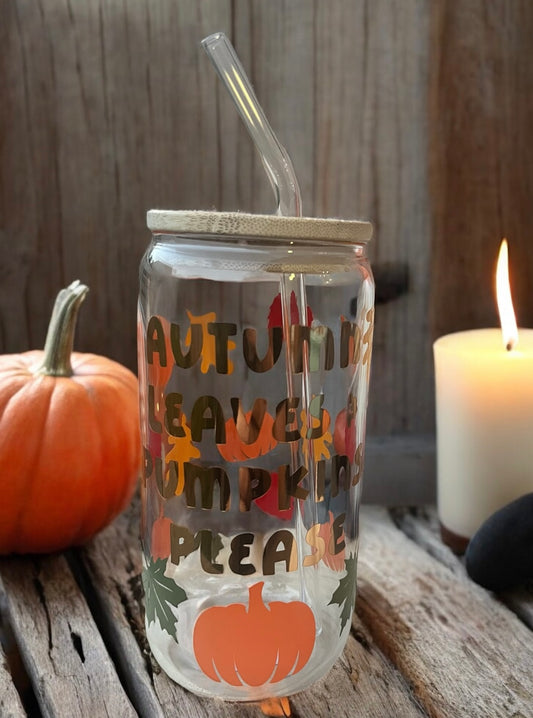 Autumn Leaves Pumpkins Please Glass Can Bamboo Lid
