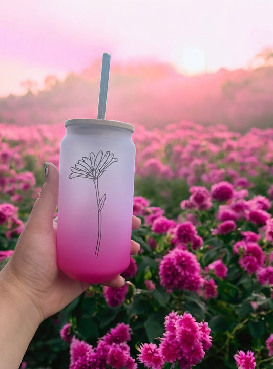 Pink Floral Glass Can Bamboo Lid