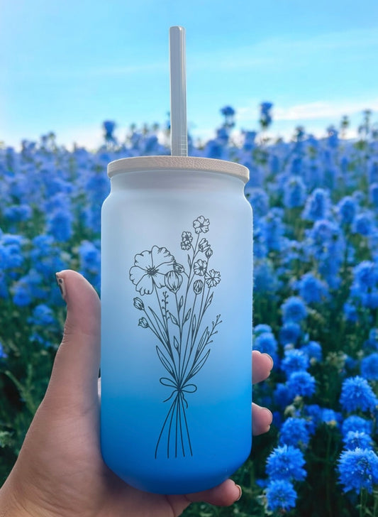 Blue Floral Glass Can Bamboo Lid