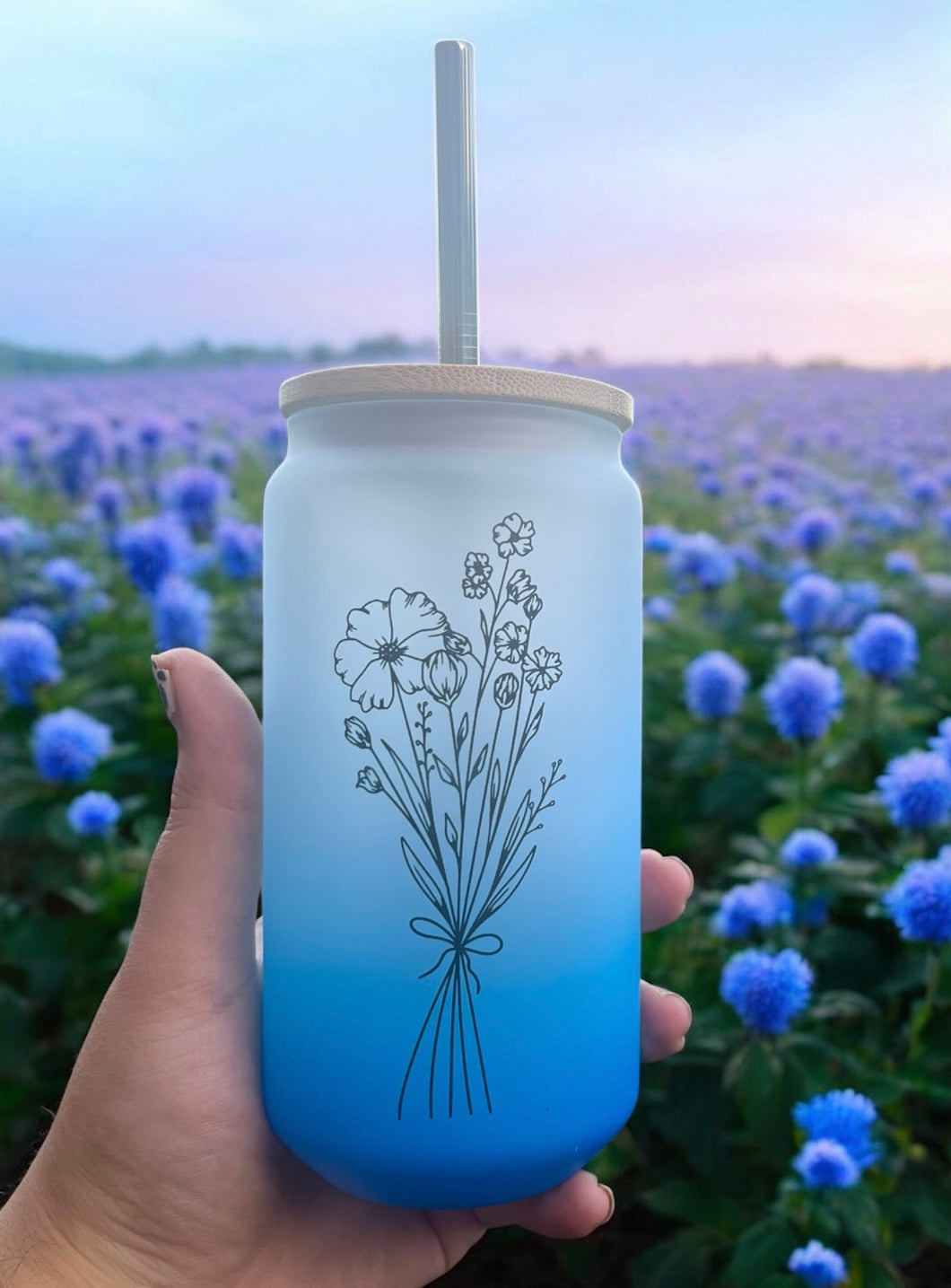 Blue Floral Glass Can Bamboo Lid