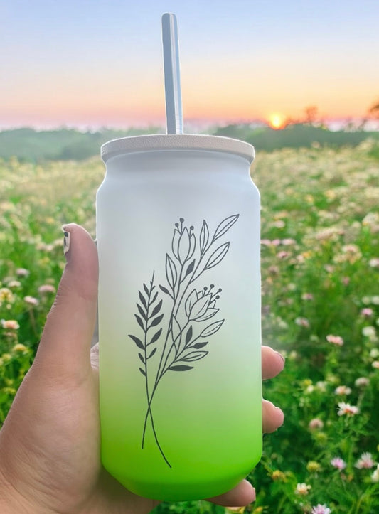 Green Floral Glass Can Bamboo Lid