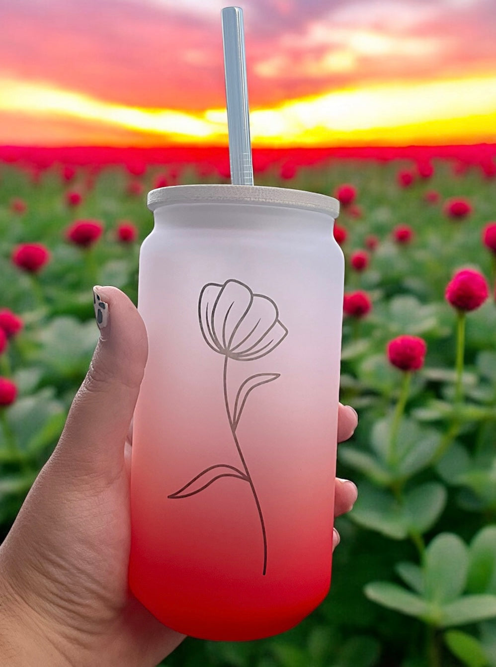 Red Floral Glass Can Bamboo Lid