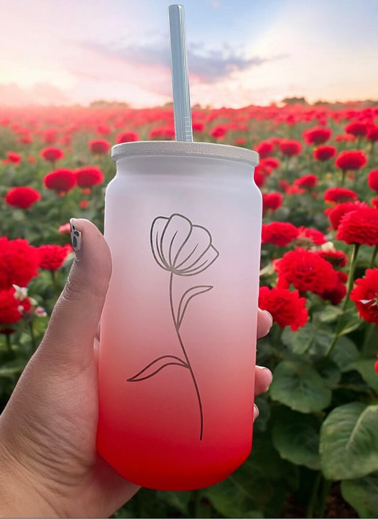Red Floral Glass Can Bamboo Lid