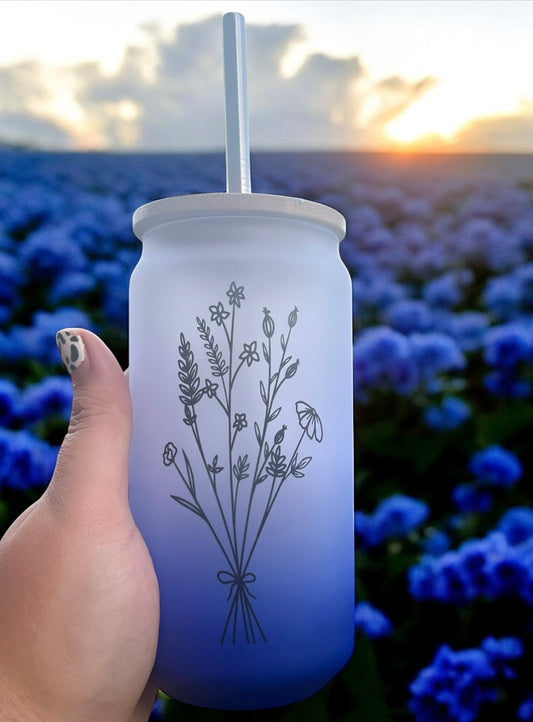 Navy Floral Glass Can Bamboo Lid
