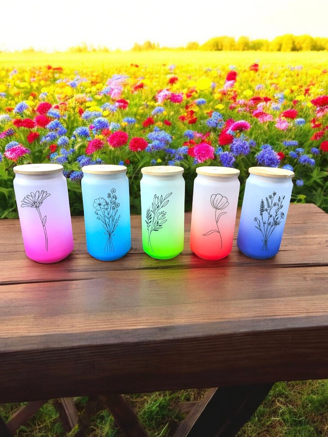 Navy Floral Glass Can Bamboo Lid