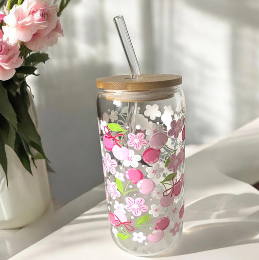 Cherry Blossom Glass Can Bamboo Lid