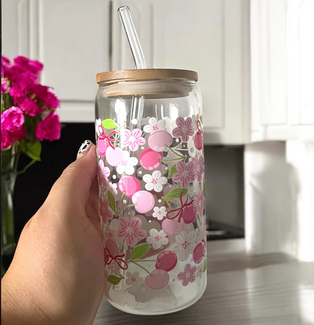 Cherry Blossom Glass Can Bamboo Lid