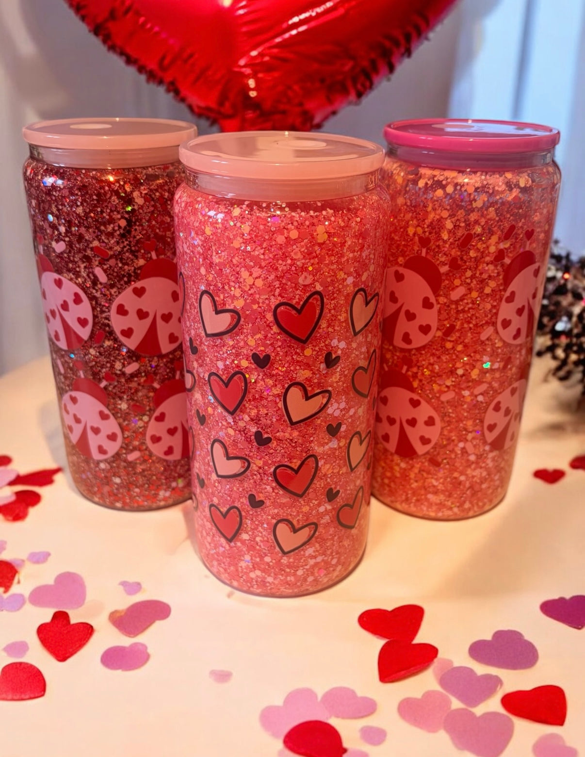 Snow globe Love Heart Glitter Glass Tumbler
