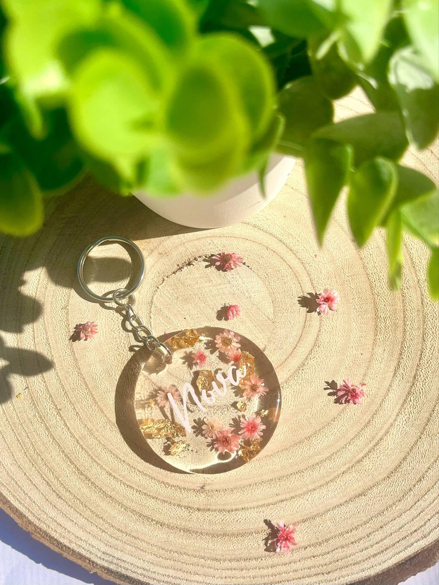 Pink personalised Flower Resin Keychain