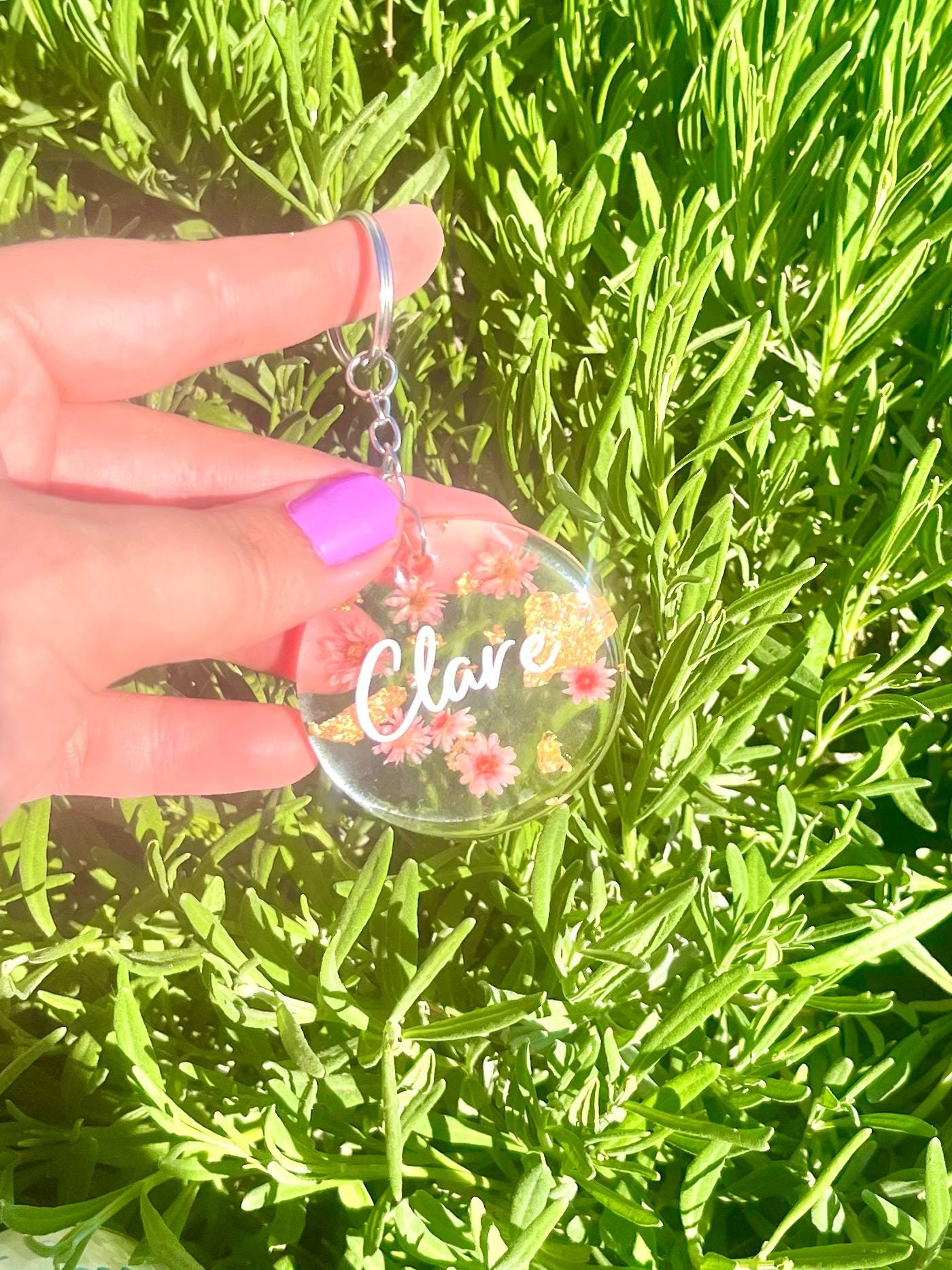 Pink personalised Flower Resin Keychain