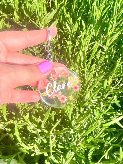 Pink personalised Flower Resin Keychain