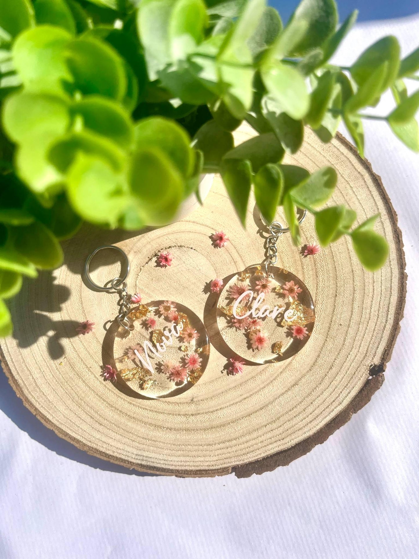 Pink personalised Flower Resin Keychain
