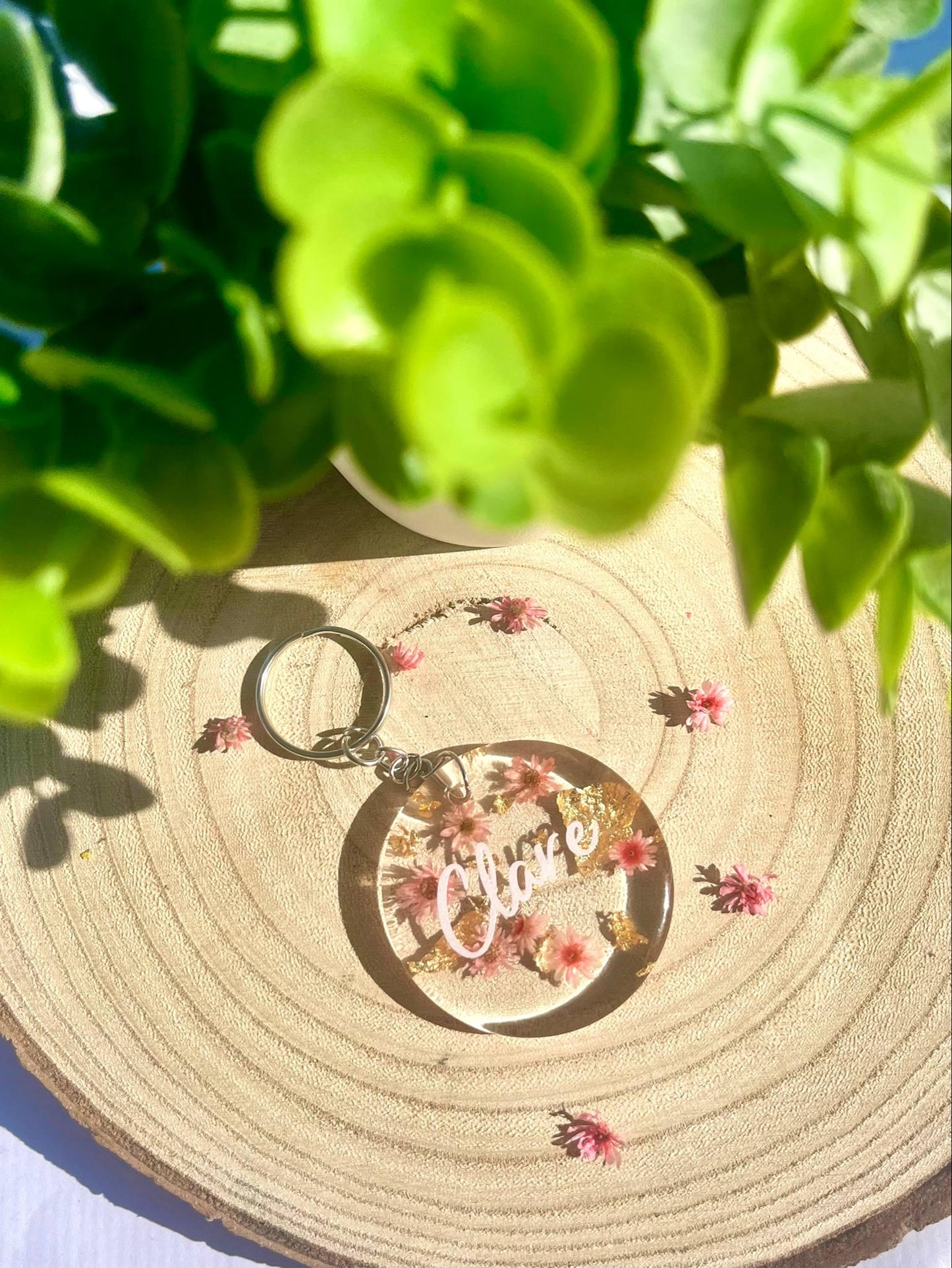 Pink personalised Flower Resin Keychain
