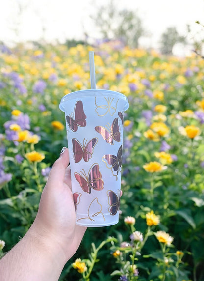 Pink Butterfly Reusable Cold Cup