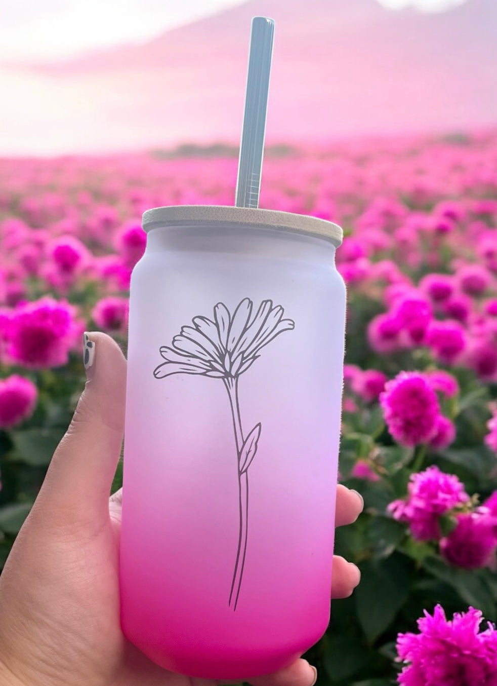 Pink Floral Glass Can Bamboo Lid