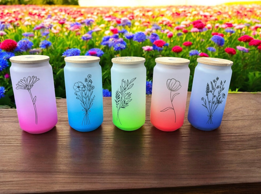 Pink Floral Glass Can Bamboo Lid