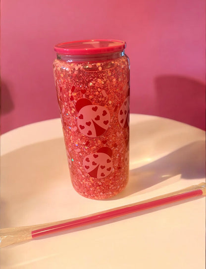 Snow globe love bug Glitter Glass Tumbler Hot Pink