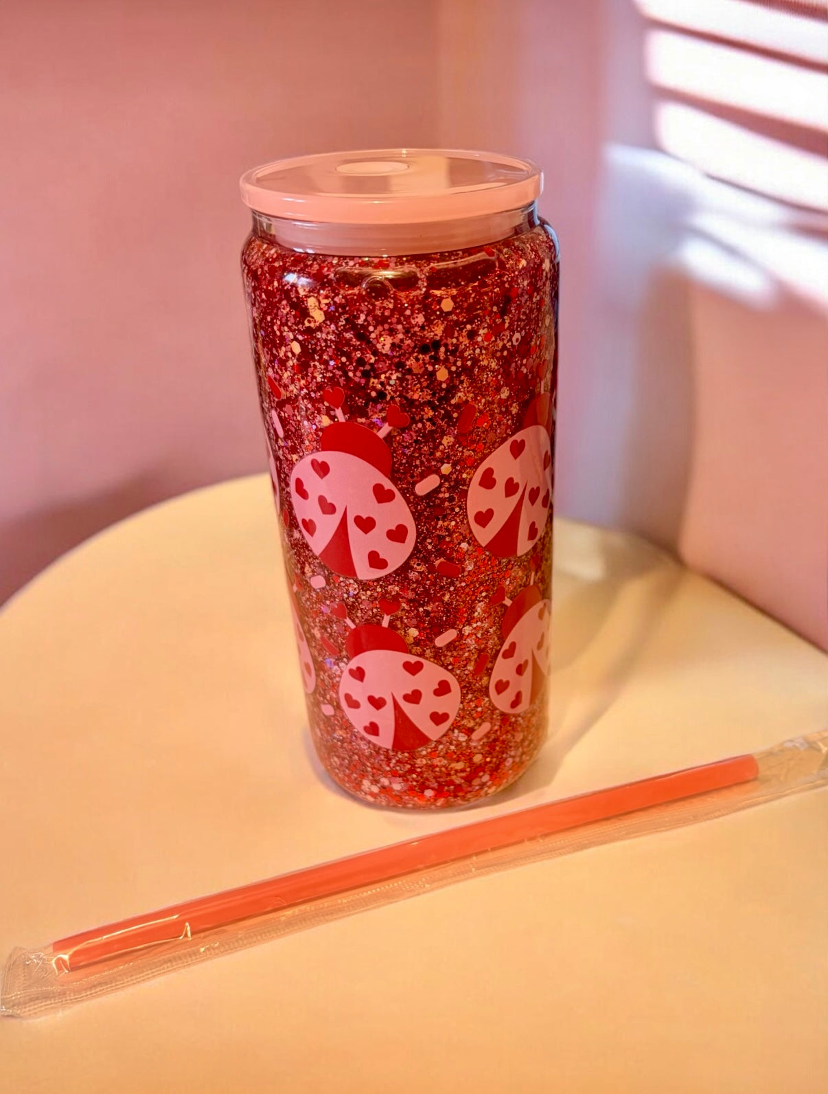 Snow globe love bug Glitter Glass Tumbler light pink