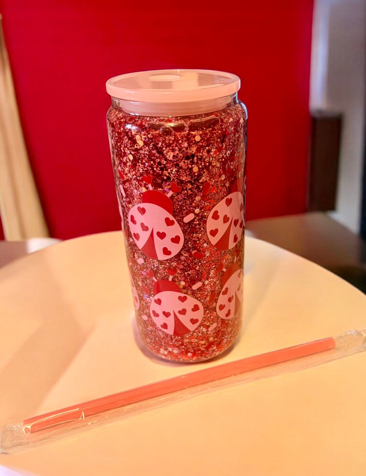 Snow globe love bug Glitter Glass Tumbler light pink