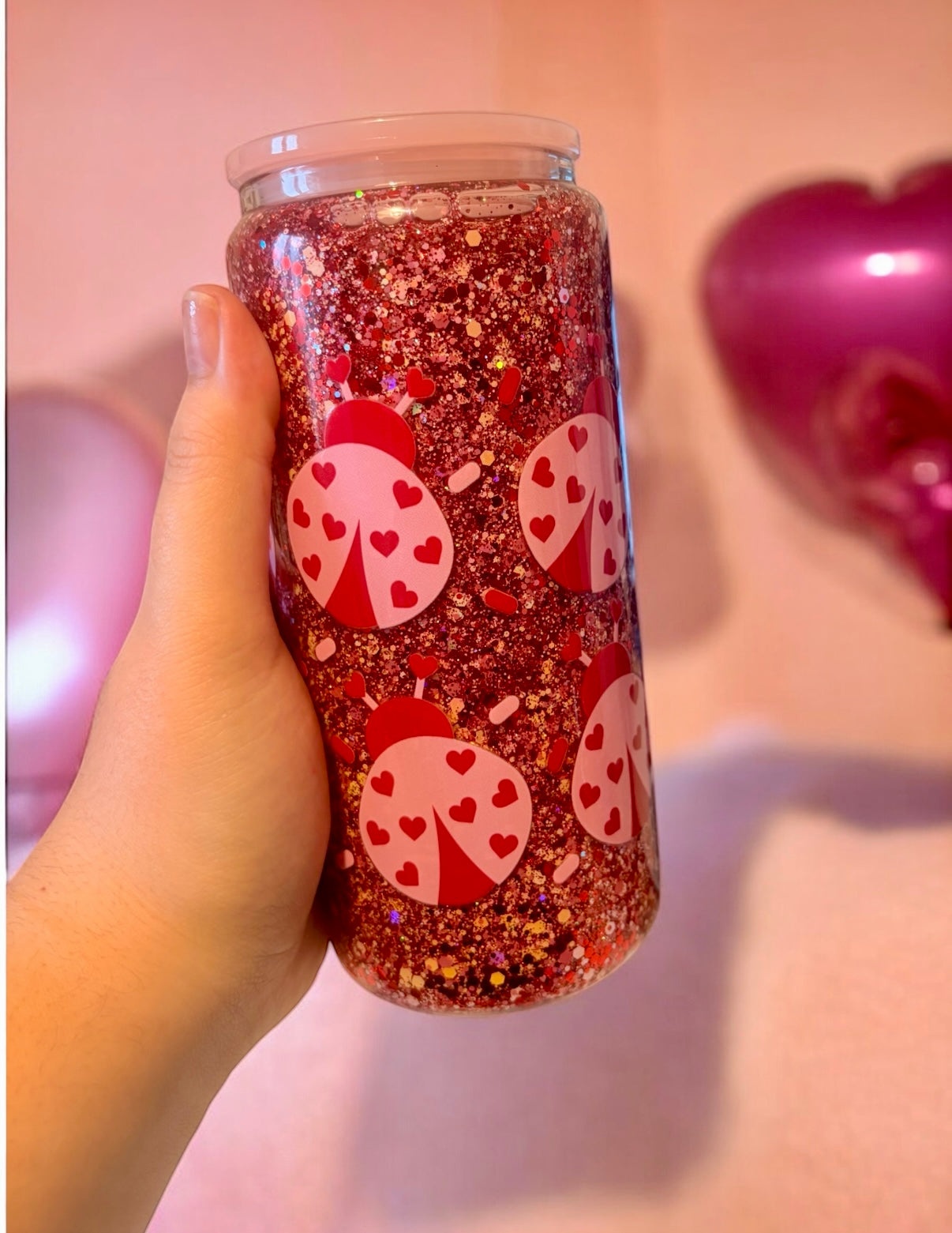Snow globe love bug Glitter Glass Tumbler light pink