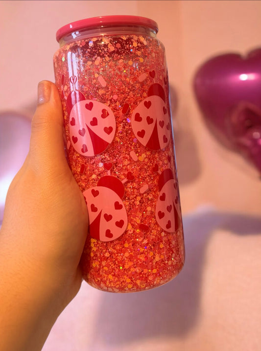 Snow globe love bug Glitter Glass Tumbler Hot Pink