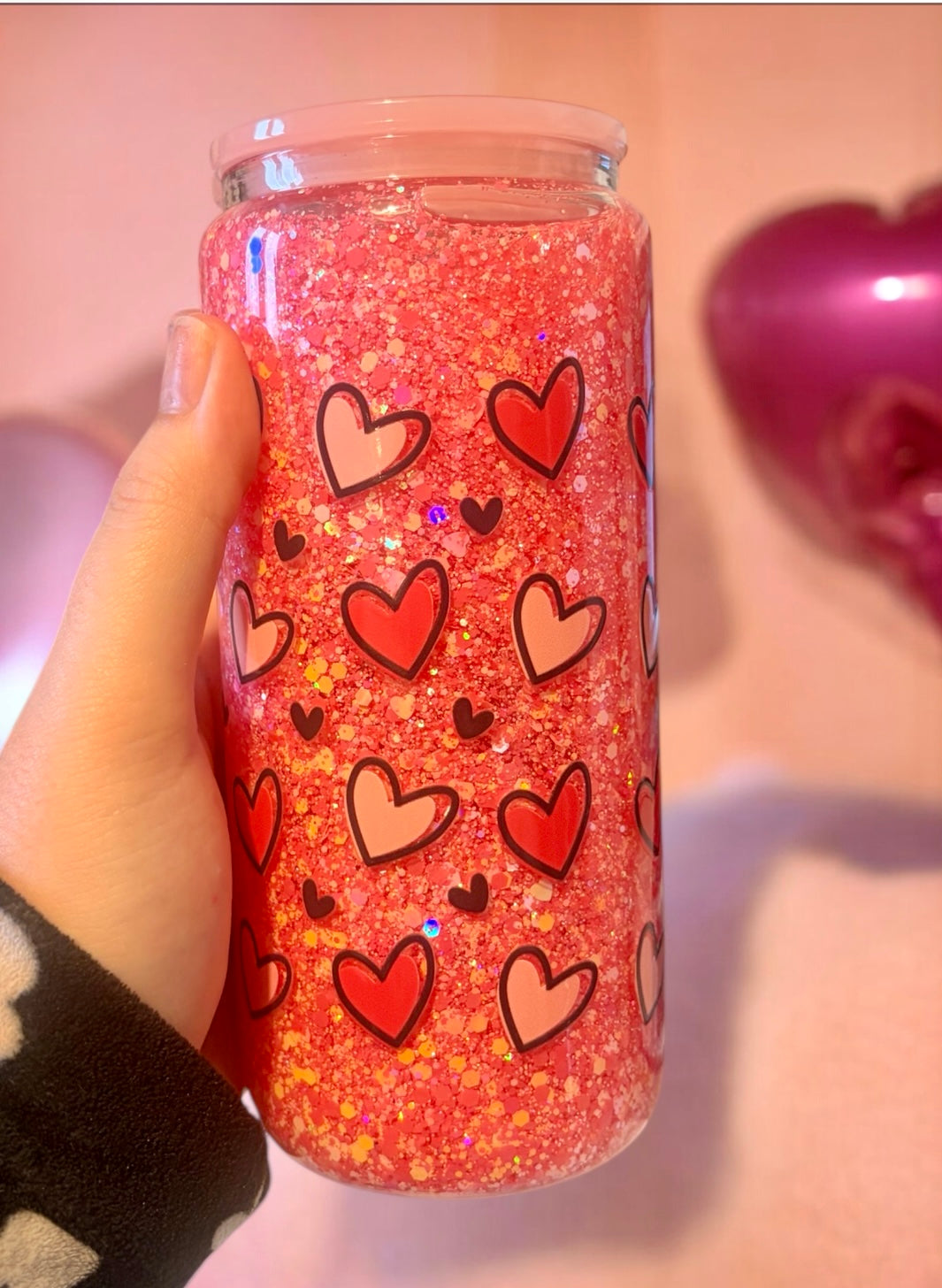 Snow globe Love Heart Glitter Glass Tumbler