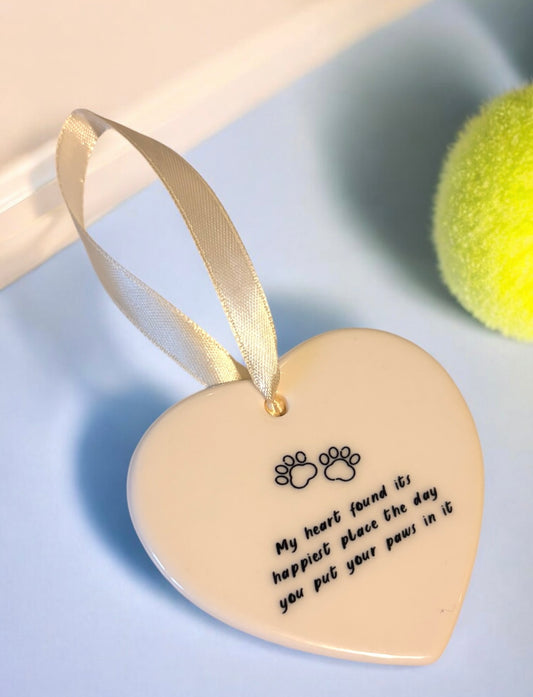 Pet Ceramic Heart Ornament - My heart found its happiness place the day you put your paws in it