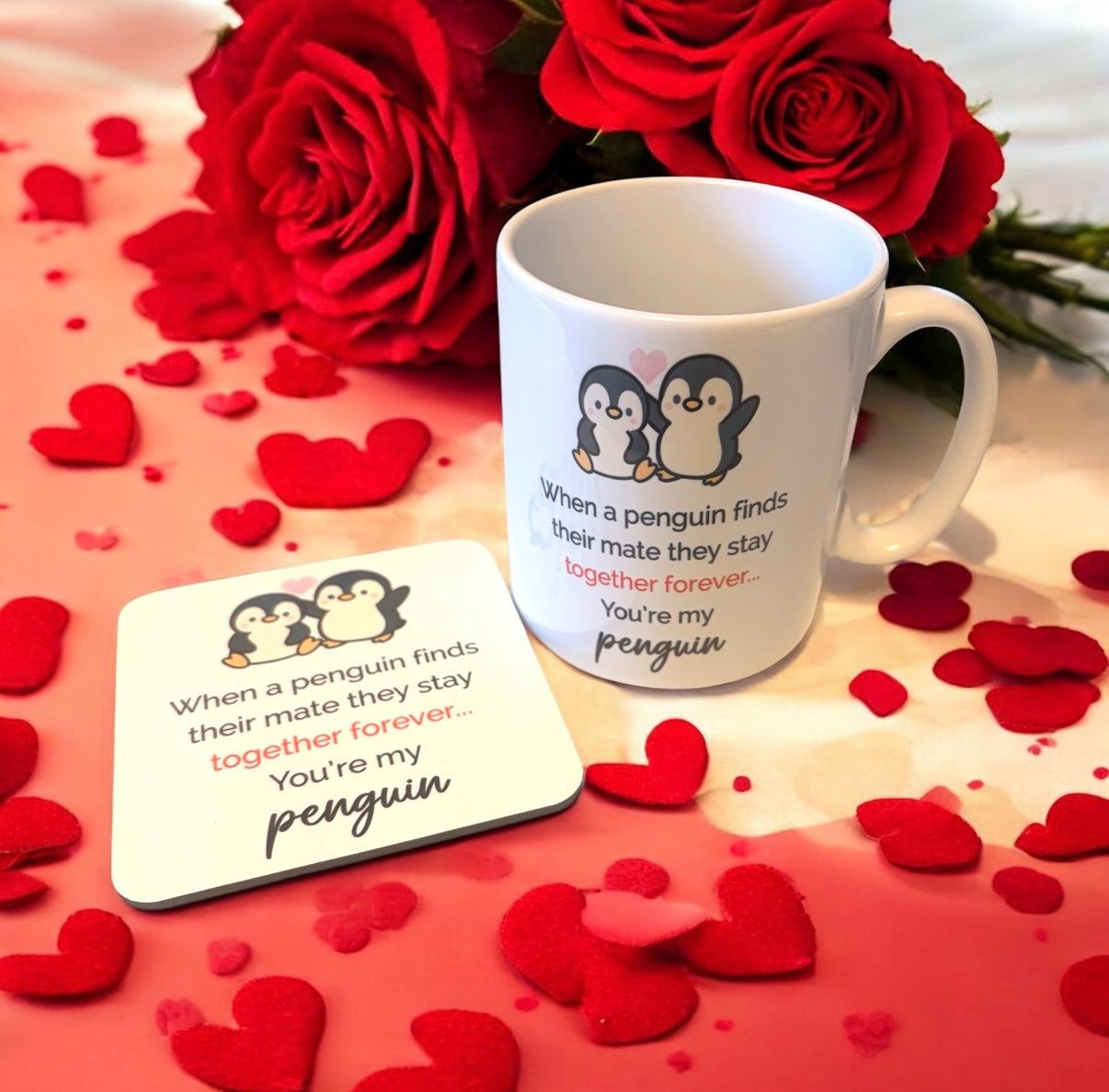 Cute Penguin Valentines Mug Coaster Set