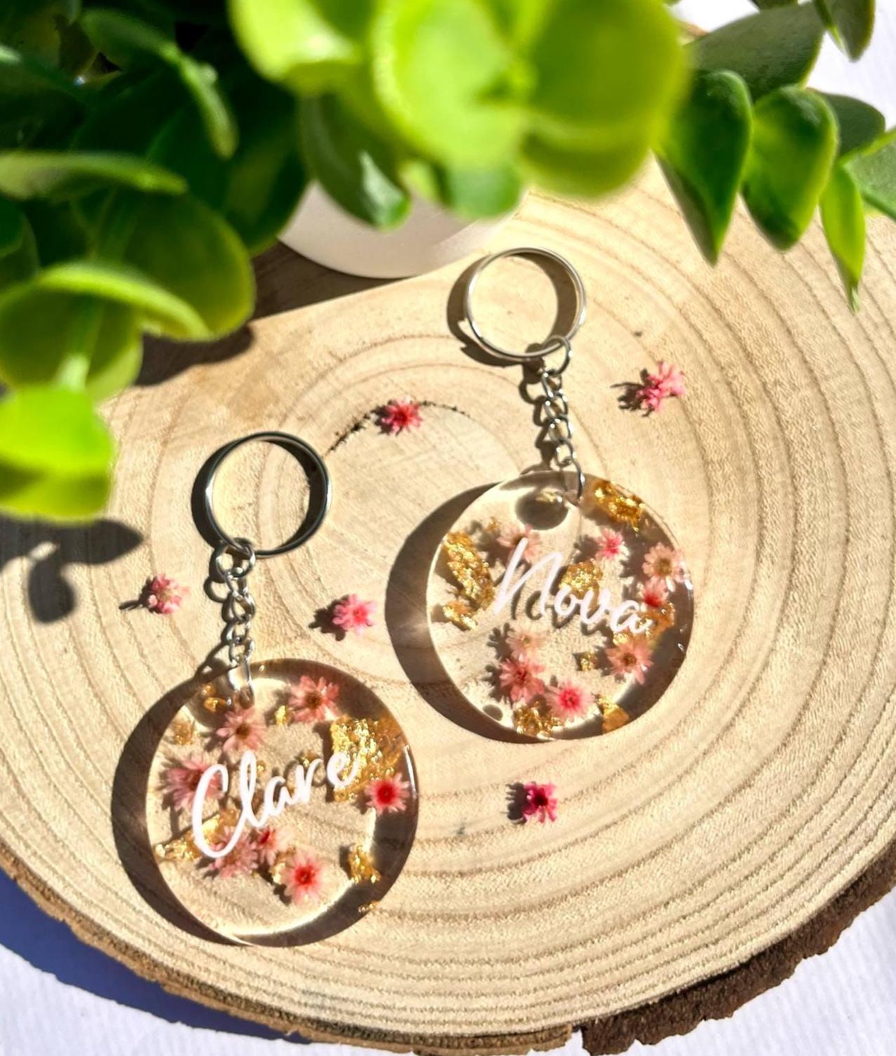 Pink personalised Flower Resin Keychain