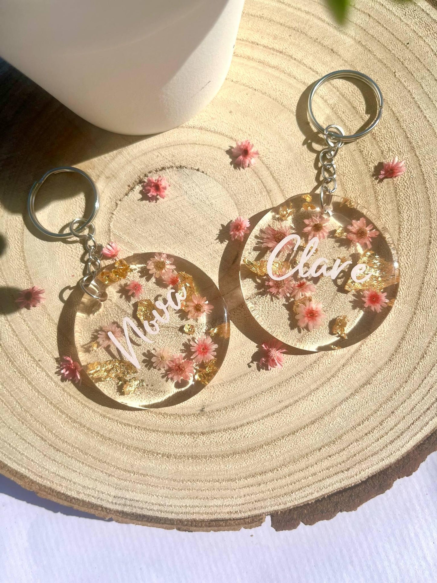 Pink personalised Flower Resin Keychain